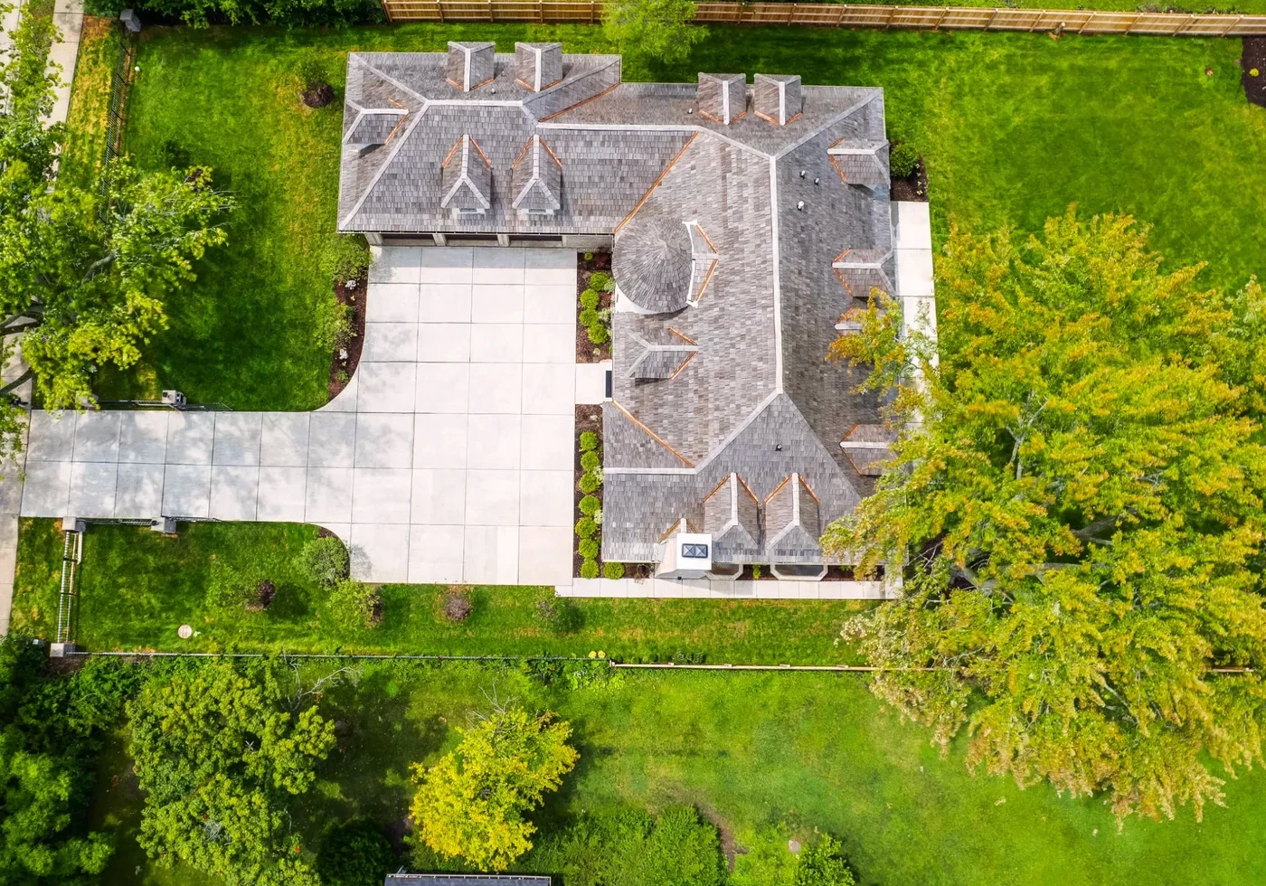 Aerial view of the house and its grounds
