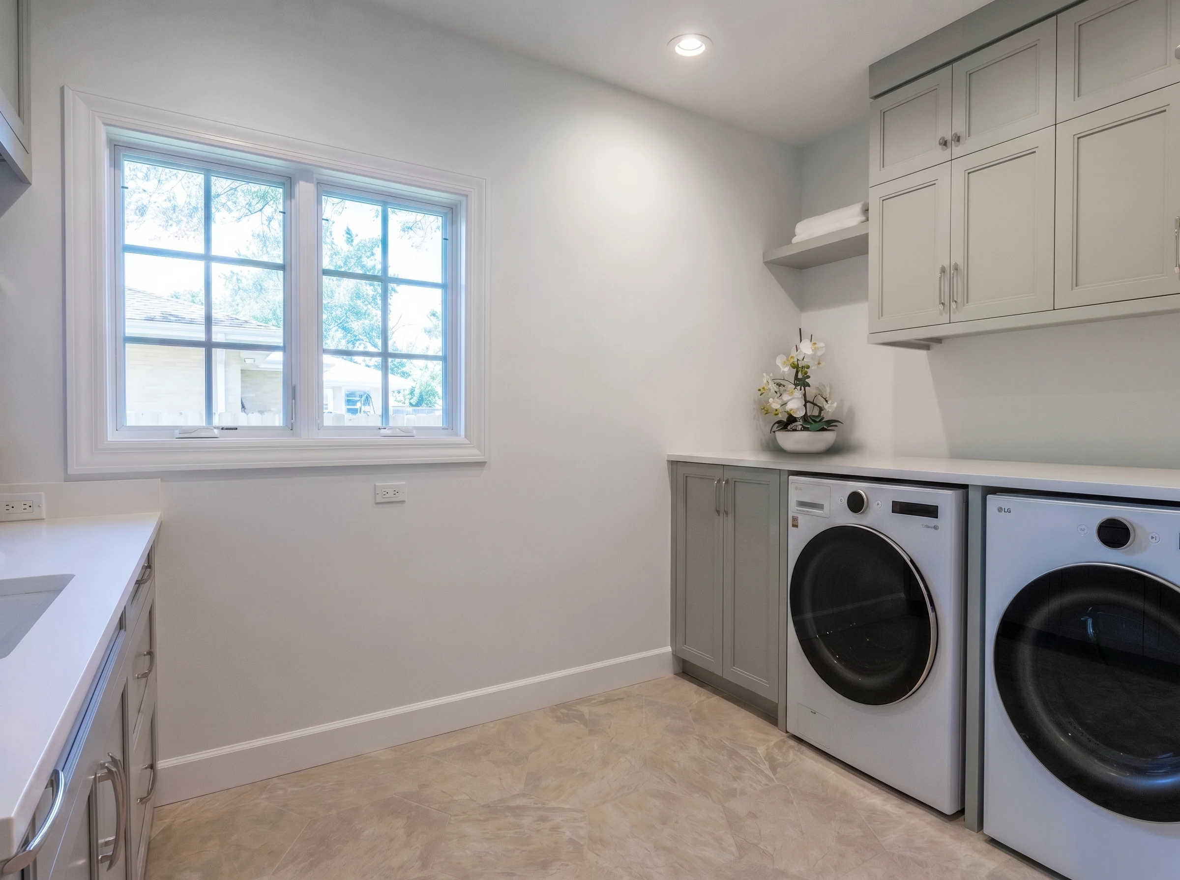 Laundry room fitted with paired machines and full-height cabinetry