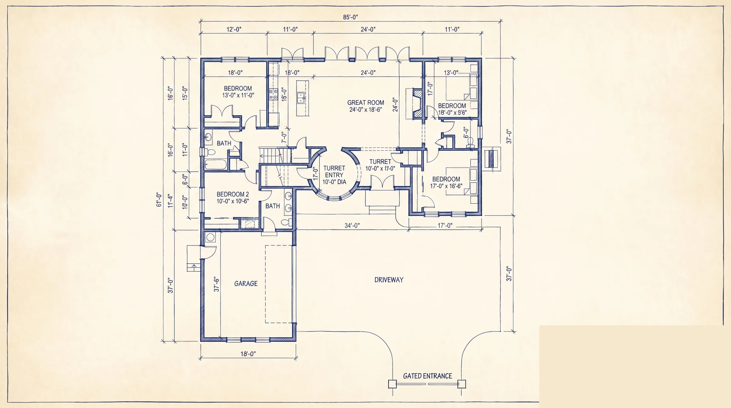 Blueprint floor plan of the residence, matching the aerial below